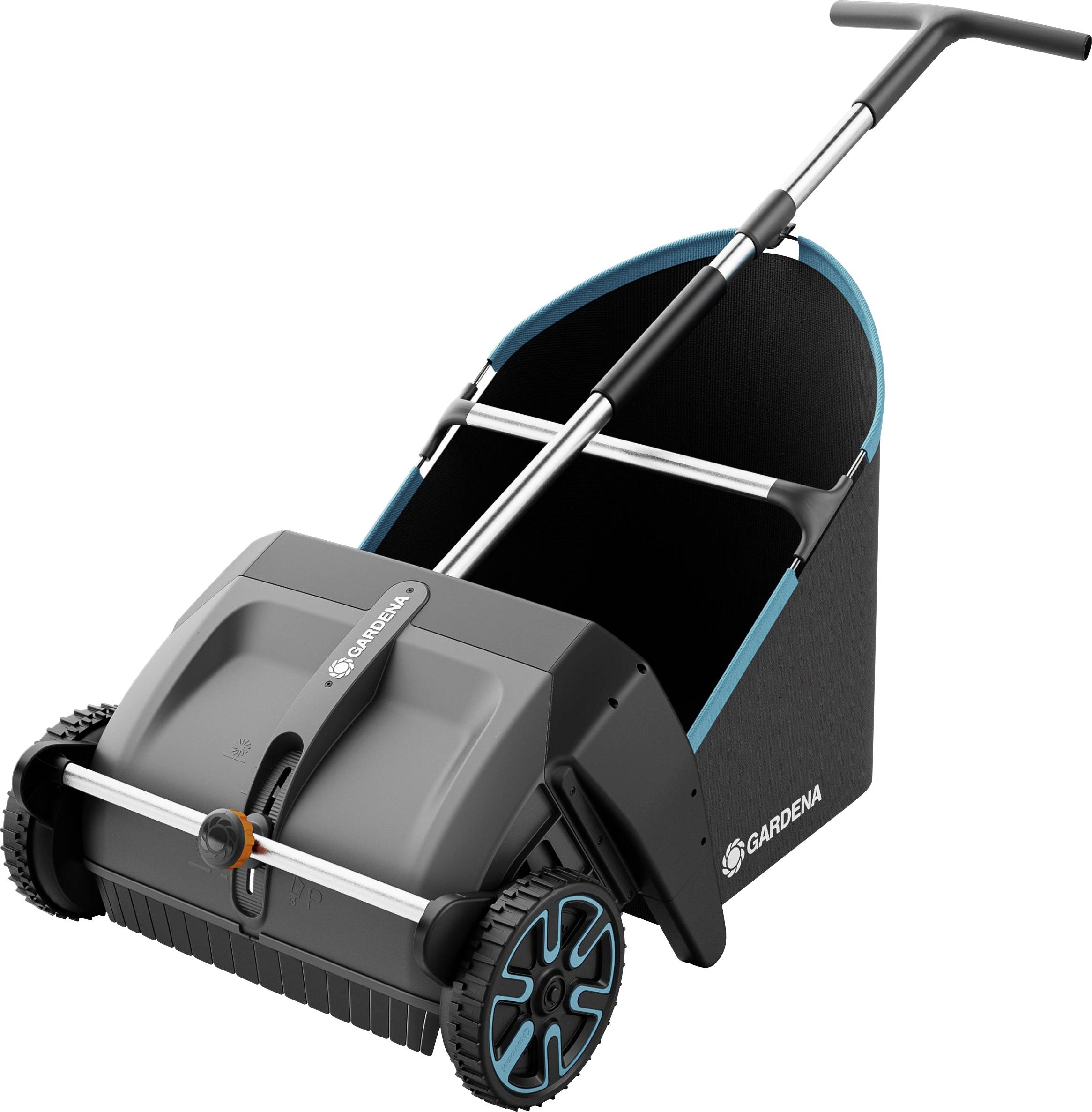 Gardena lawn sweeper with a handle, large wheels, and a grass collection box for clearing leaves and debris from the grass.