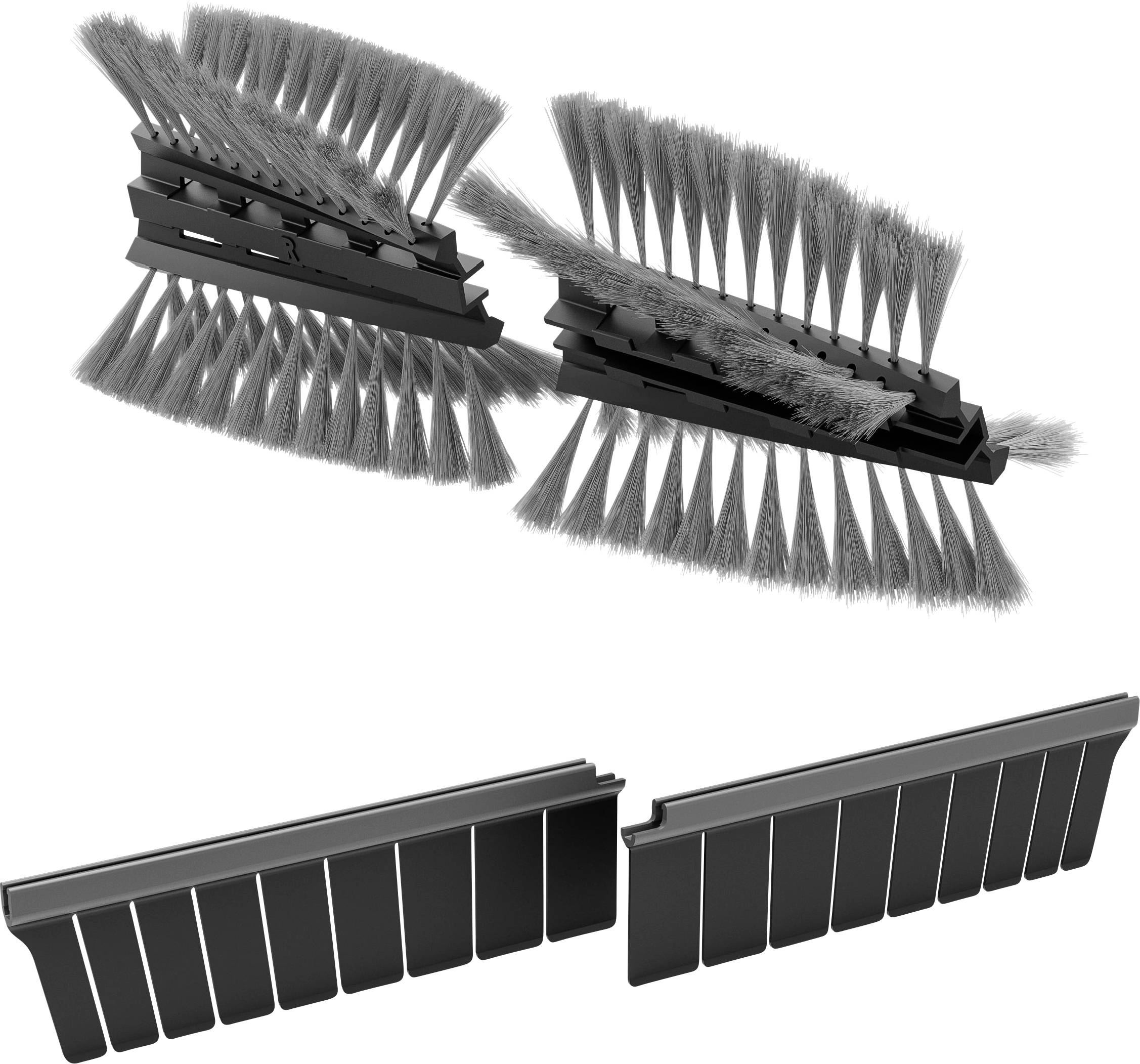 Image of two sets of angled, gray bristles and two long, black rubber strips arranged on a white background.