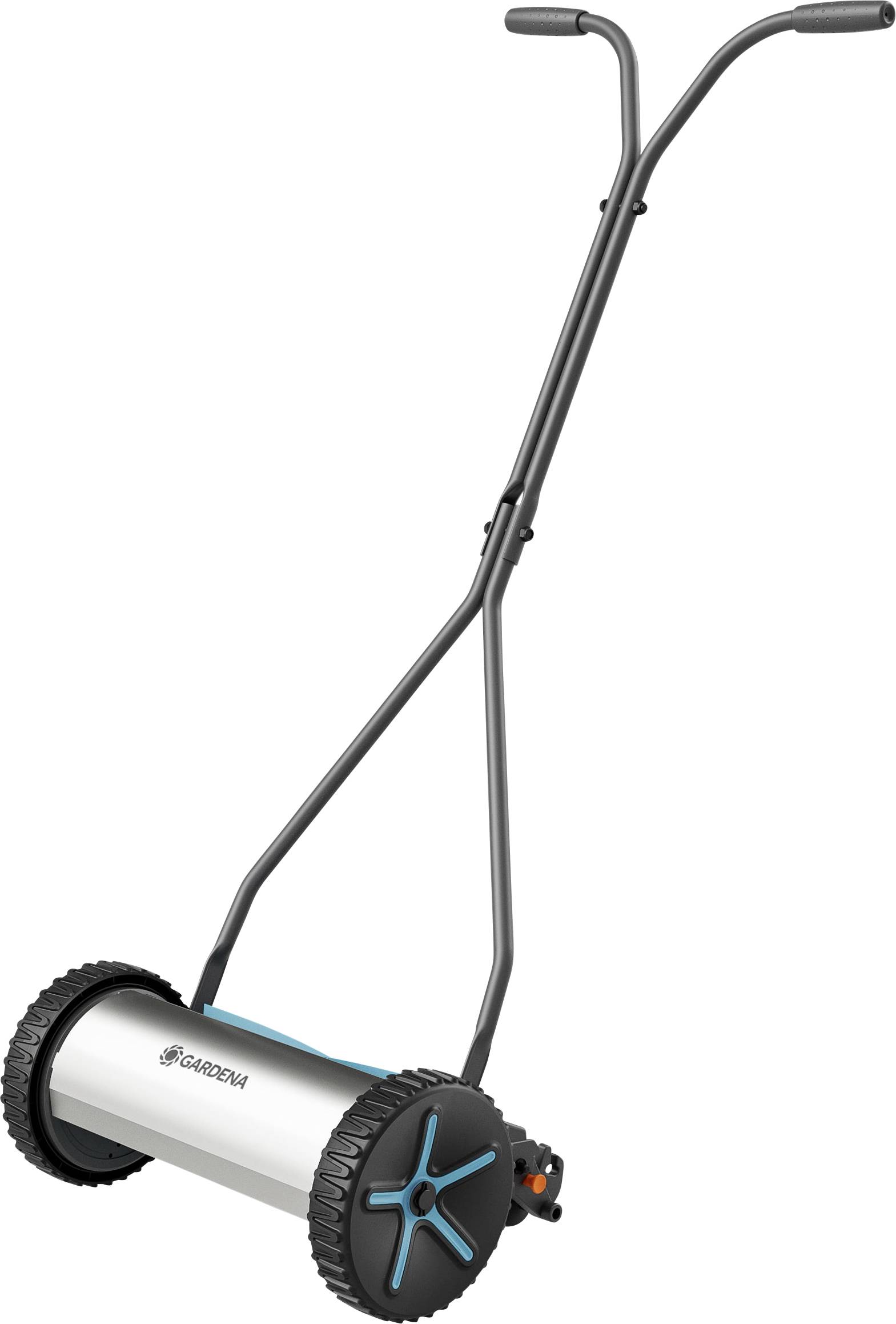 A manual push lawn mower with a cylindrical blade, black handle, and two large wheels, designed for lawn maintenance.