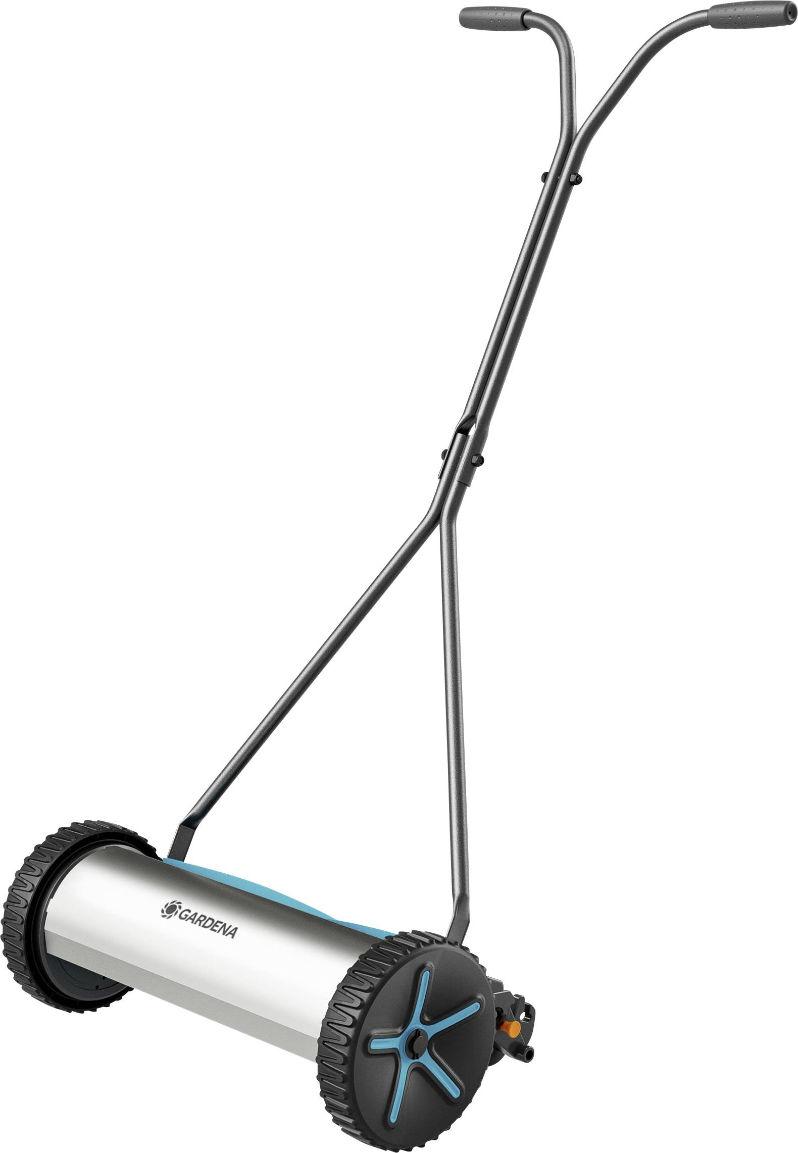 Manual push lawn mower with a cylindrical metal drum and two large wheels. The handle is tall and curved, facilitating easy maneuvering.
