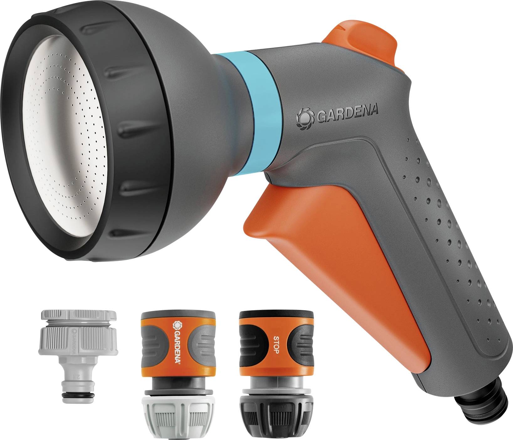 Gardena garden hose spray nozzle with an adjustable head and three compatible connectors, designed for versatile watering tasks.