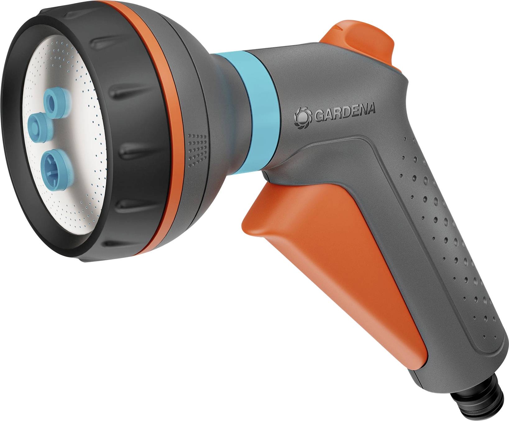 Orange and gray garden spray nozzle with adjustable settings for various watering needs. Text on the handle includes 'GARDENA' brand name.