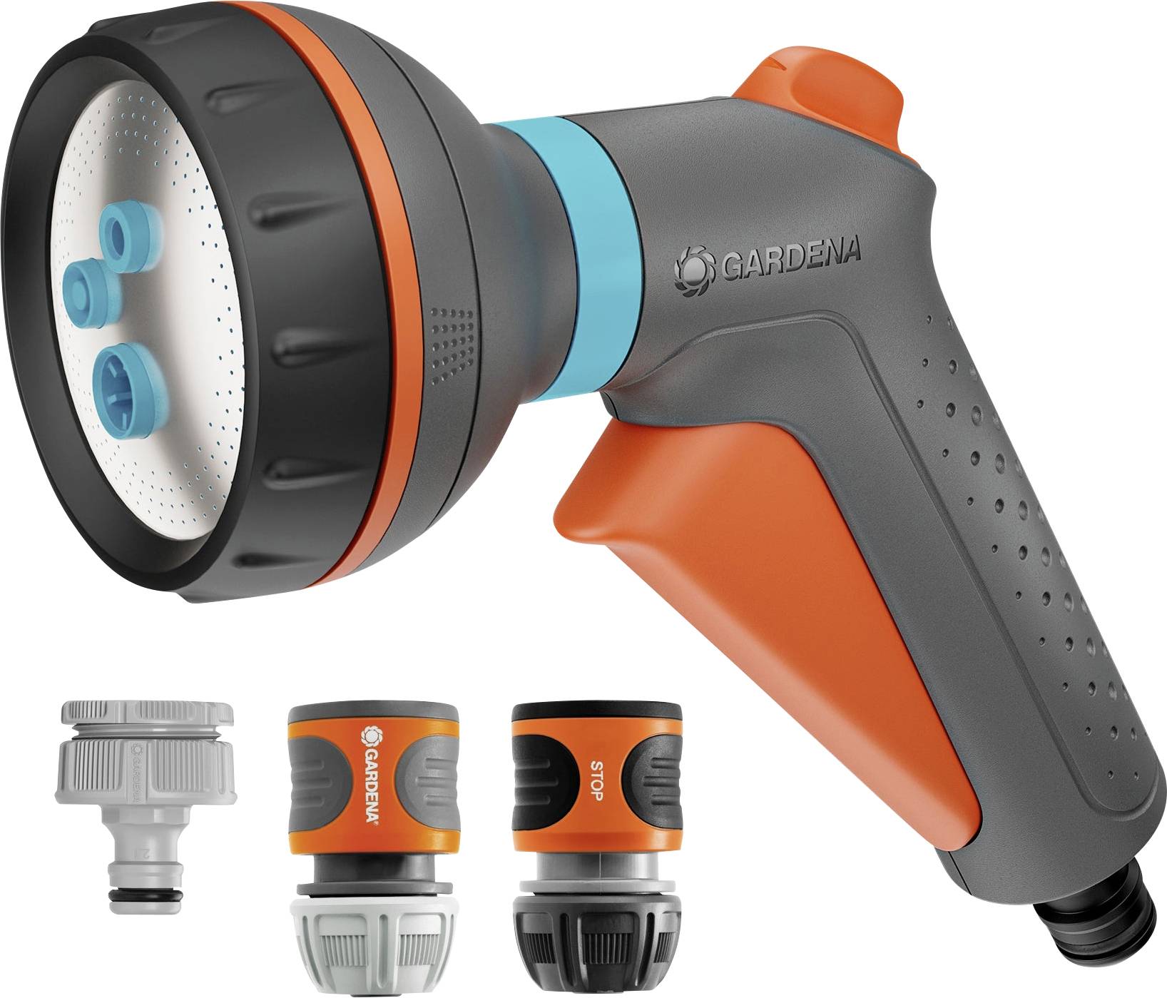 'Gardena' garden hose nozzle and connectors in gray and orange, featuring adjustable spray patterns. Suitable for gardening tasks.