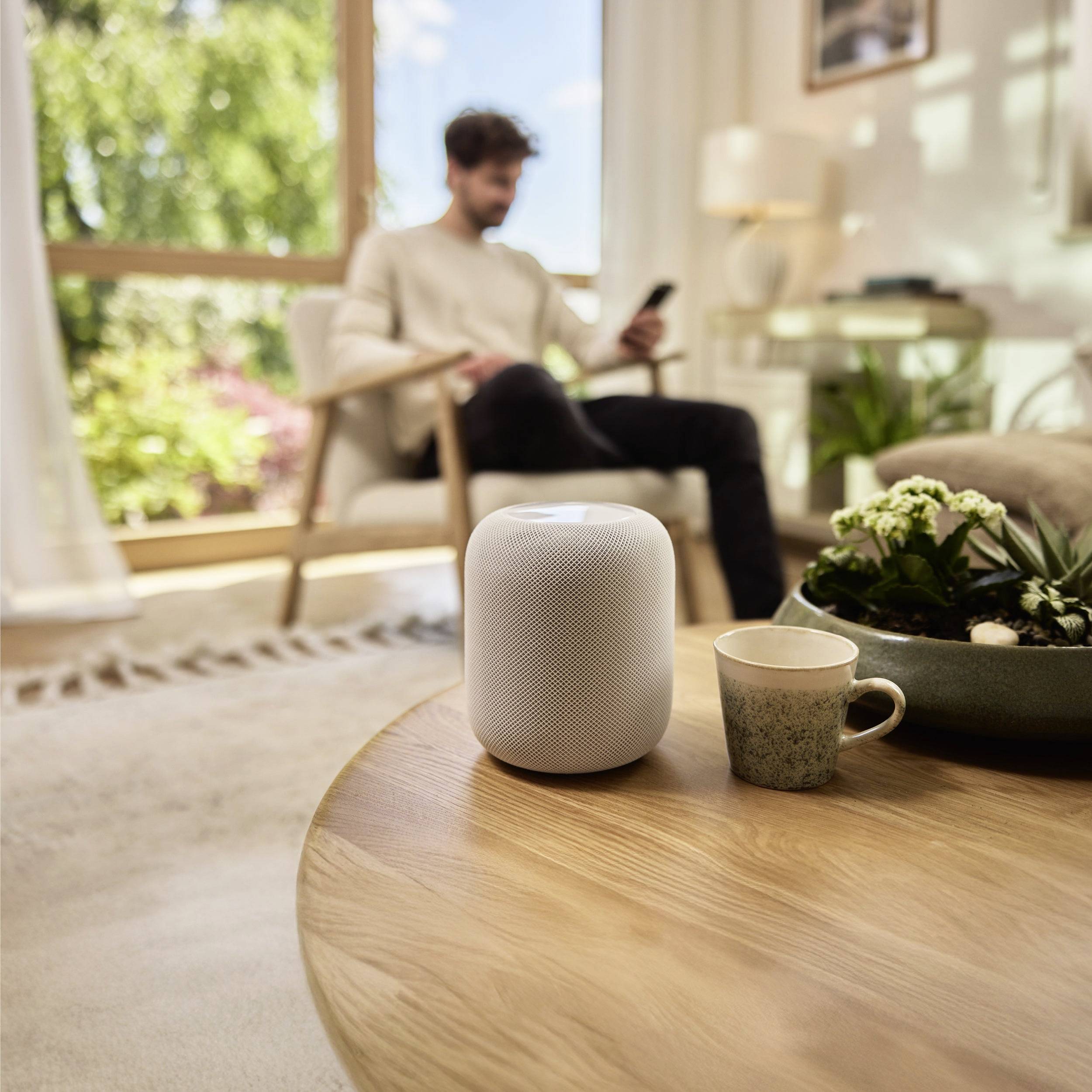 Man in a cozy living room using a smartphone, with a smart speaker and coffee on the table; sunlight streams in through a window.