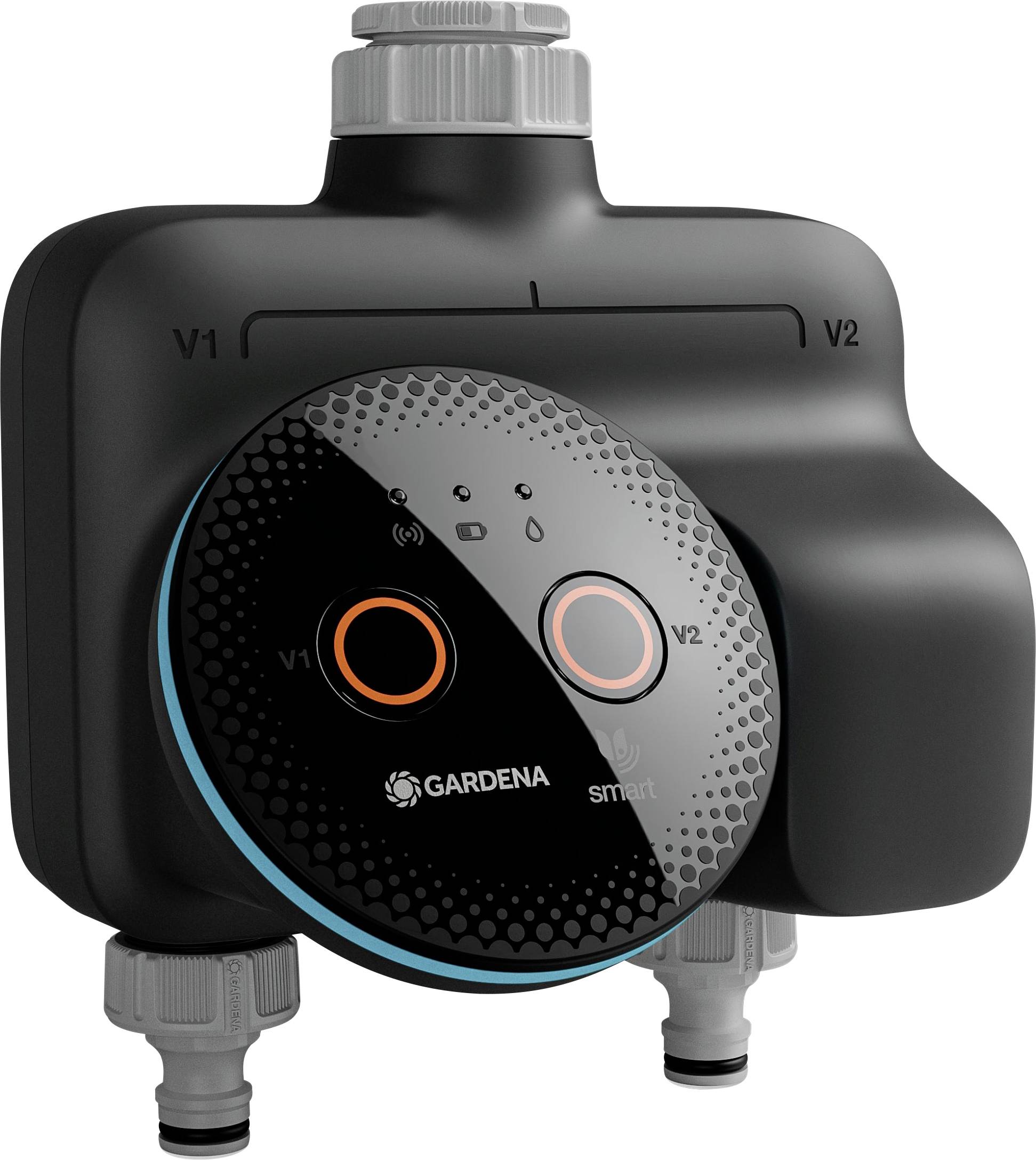 A dual-outlet water control device with 'Gardena smart' branding and two circular control buttons for managing water flow, labeled V1 and V2.