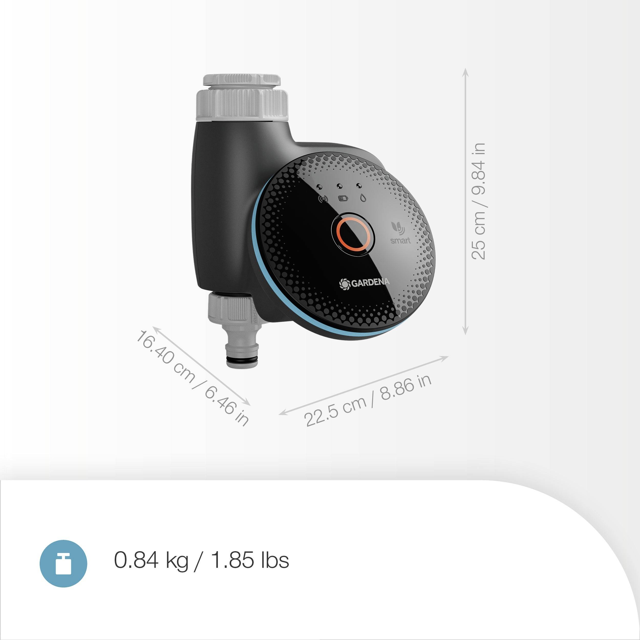 'Gardena Smart Irrigation Controller' dimensions: 16.4 cm x 22.5 cm x 25 cm (6.46 in x 8.86 in x 9.84 in). Weight: 0.84 kg (1.85 lbs).