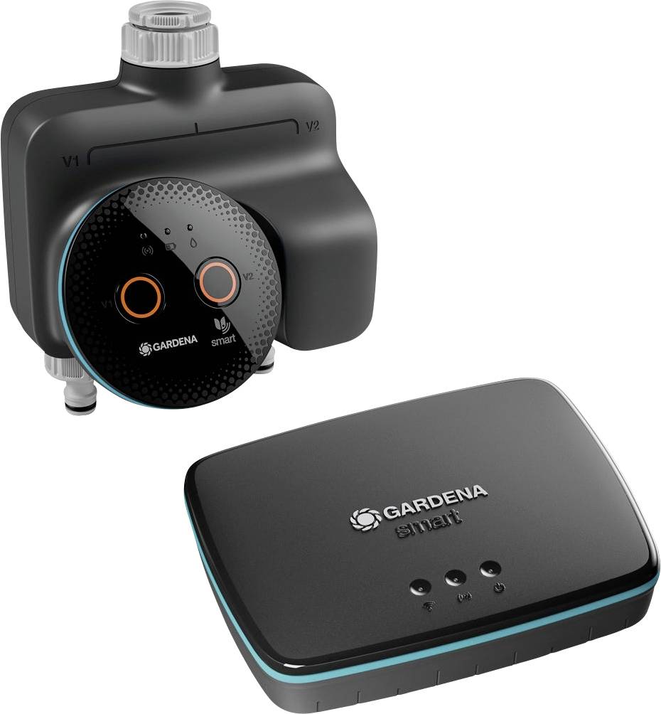 'Gardena smart' irrigation control system featuring a water distributor and smart hub, designed for efficient garden watering automation.