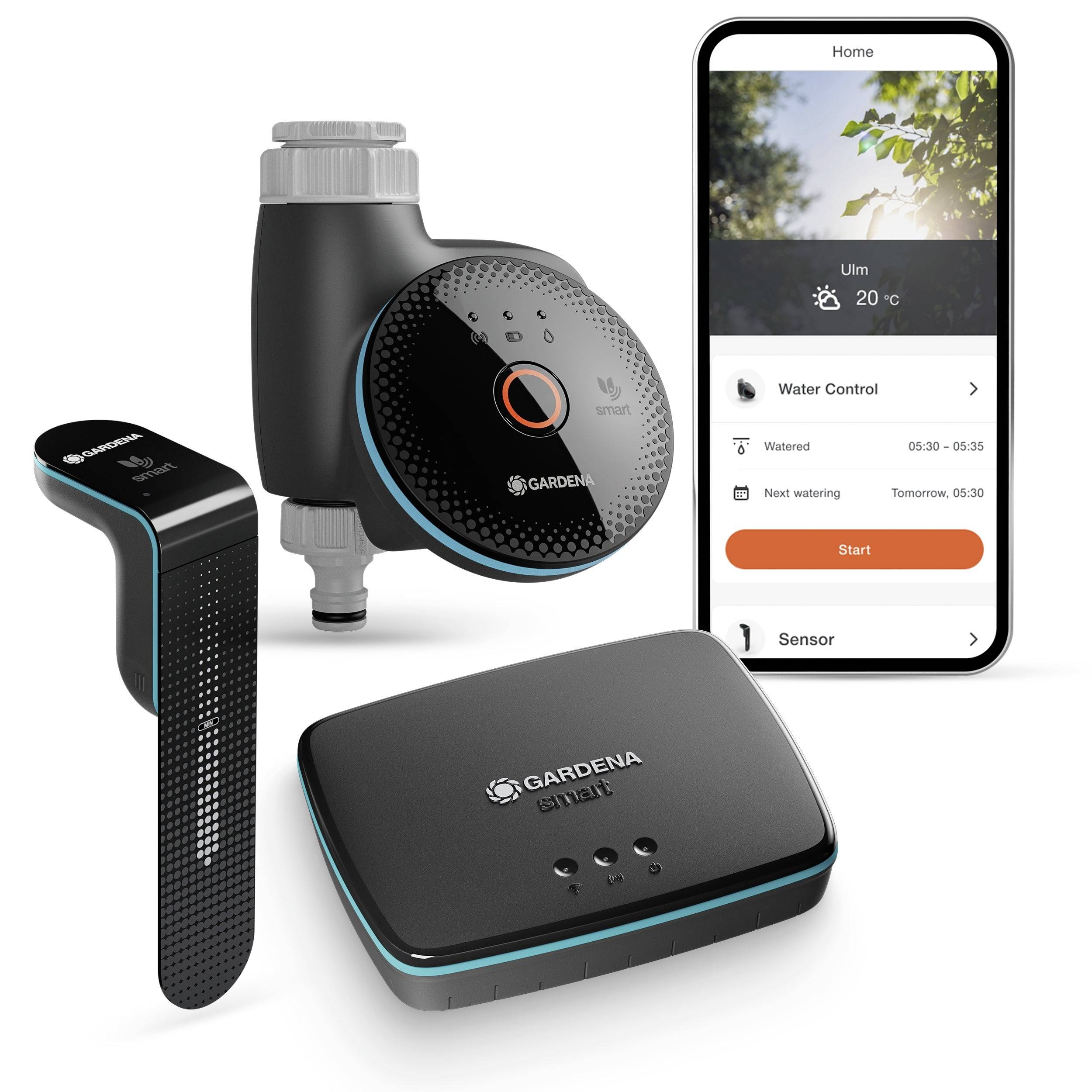 Smart irrigation system with sensor, water control unit, and app interface displayed on a smartphone screen for garden management.
