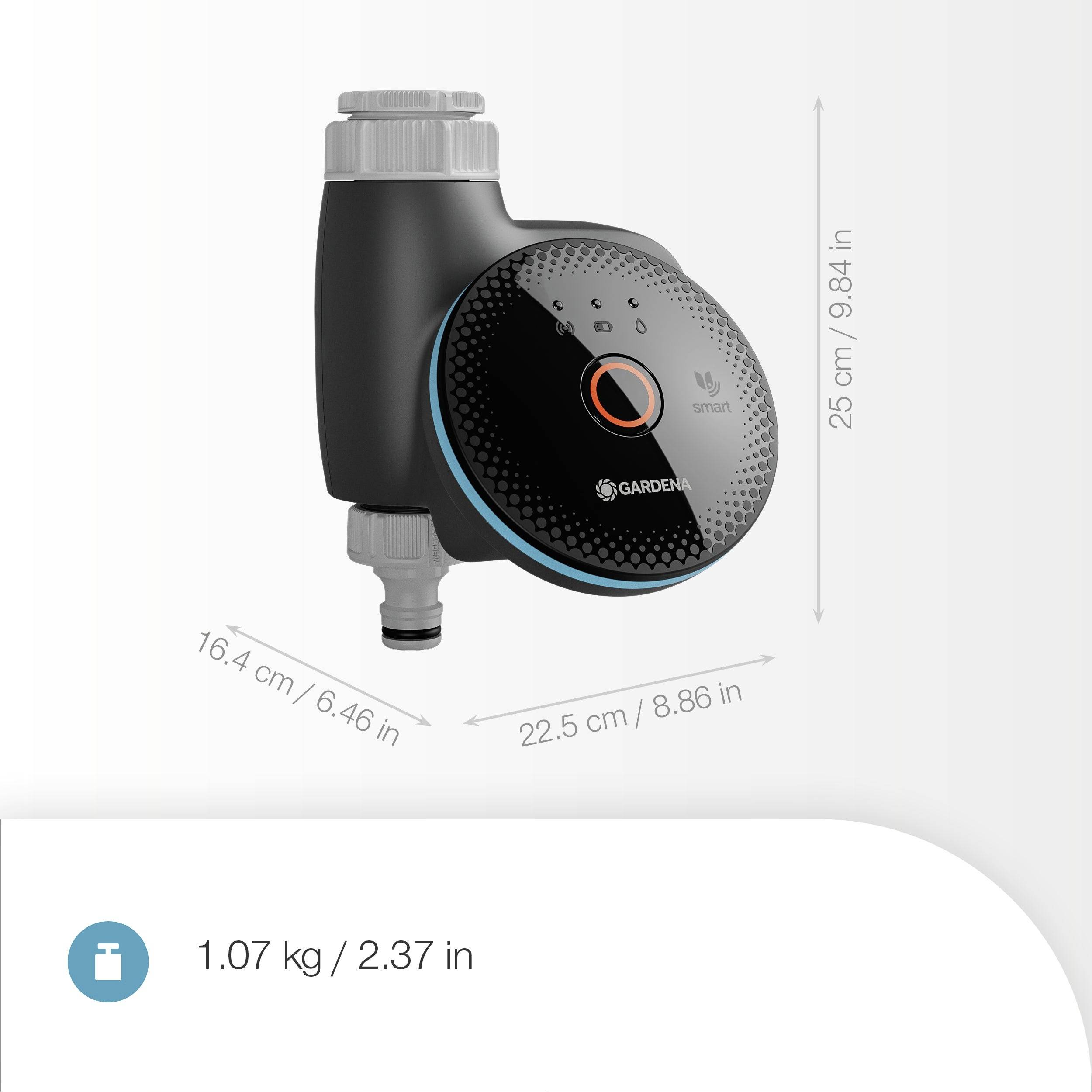 'GARDENA smart Water Control' device with dimensions 25 cm x 22.5 cm x 16.4 cm and weight 1.07 kg.