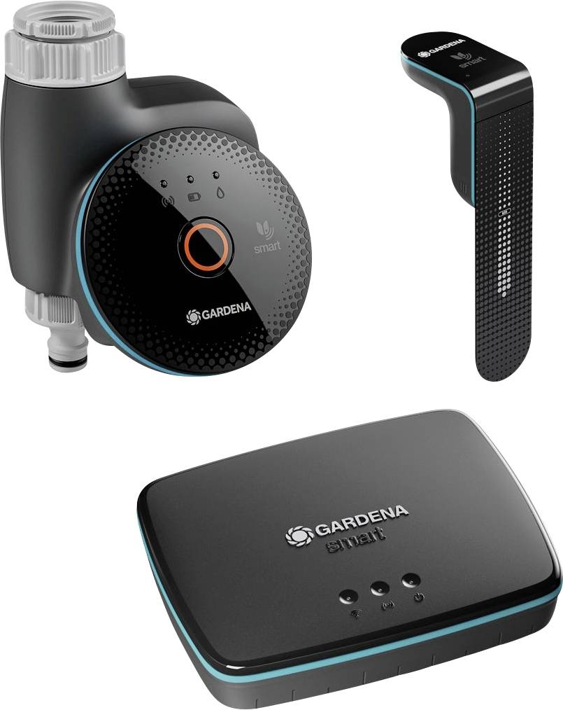 'Gardena Smart' irrigation system components, including a water control unit, soil moisture sensor, and smart gateway, all in black.