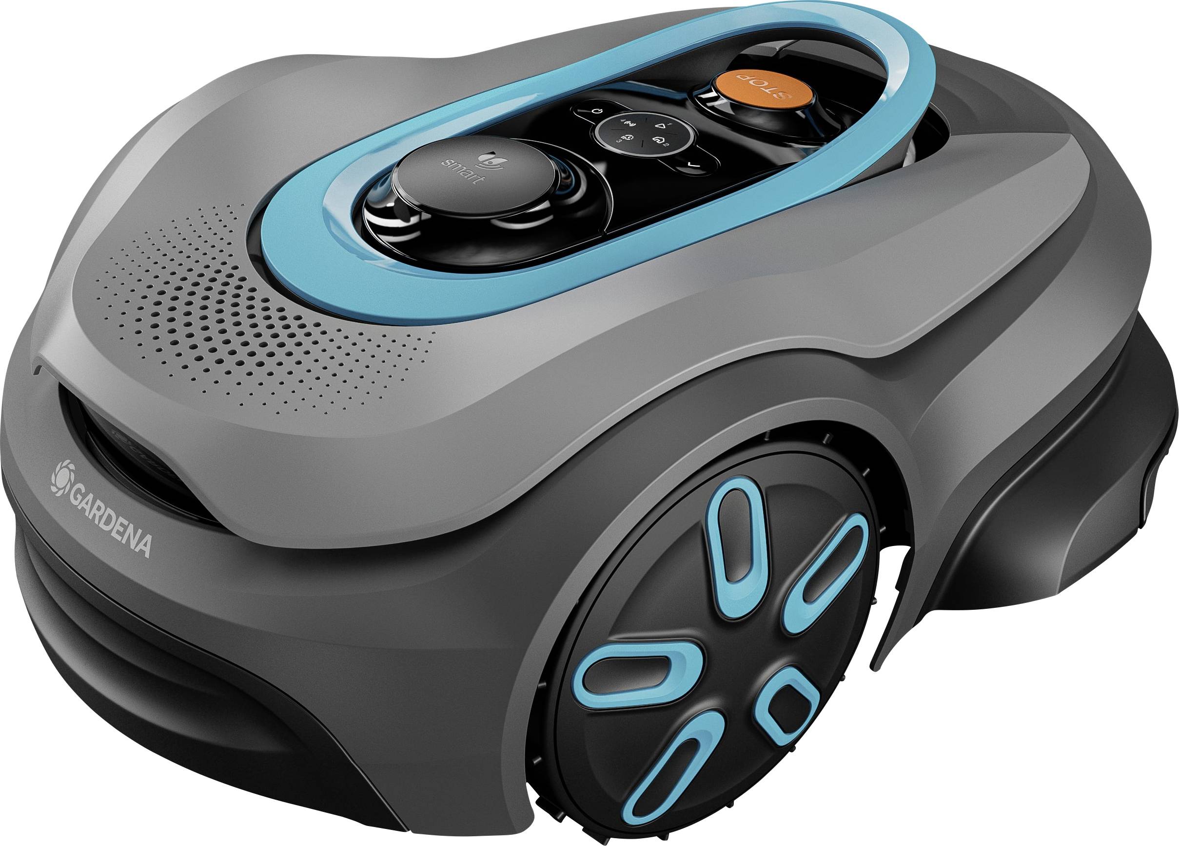 A robotic lawn mower in gray with blue accents, featuring control buttons on top. The brand name 'Gardena' is visible on the side.