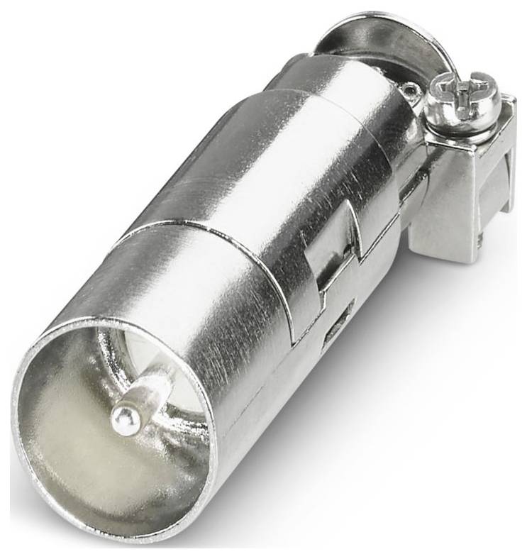 A metal coaxial cable connector with a cylindrical shape and locking mechanism, designed for secure connections in electronic equipment.