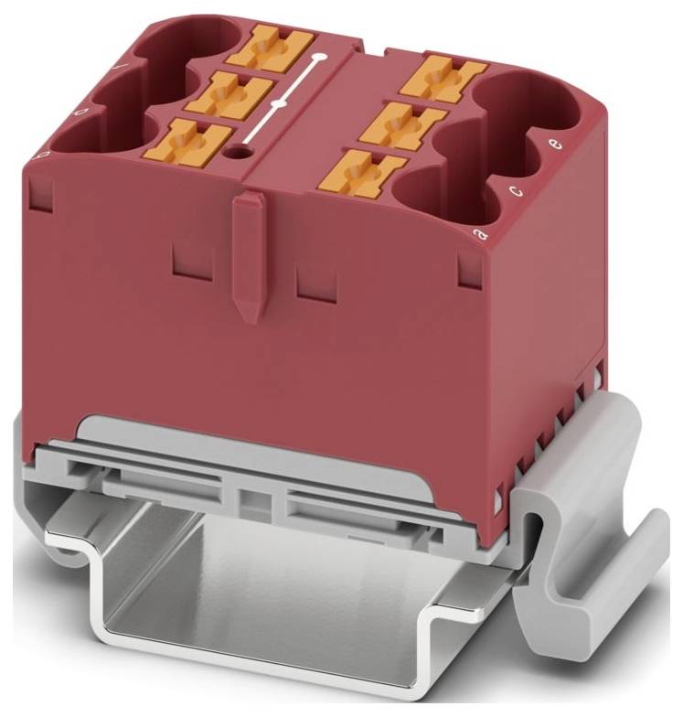 A red electrical terminal block with gray mounting bracket, featuring multiple orange wire connectors on top, used in circuit assembly.