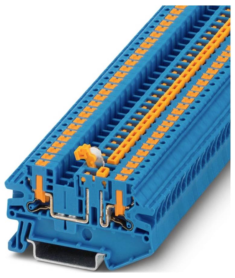 A blue terminal block with multiple rows of orange connection points; used for organizing and connecting electrical circuits.