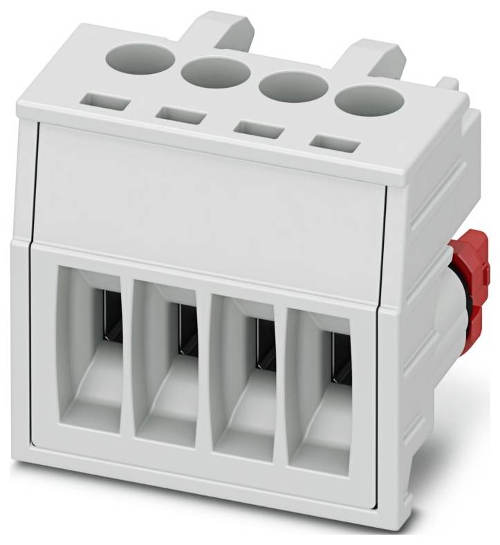 A white plastic electrical terminal block with four connection slots and a red release mechanism on the side.