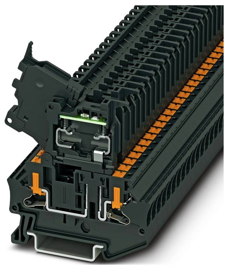 A close-up of a black and orange modular wiring terminal block, showcasing its intricate design and connection points.