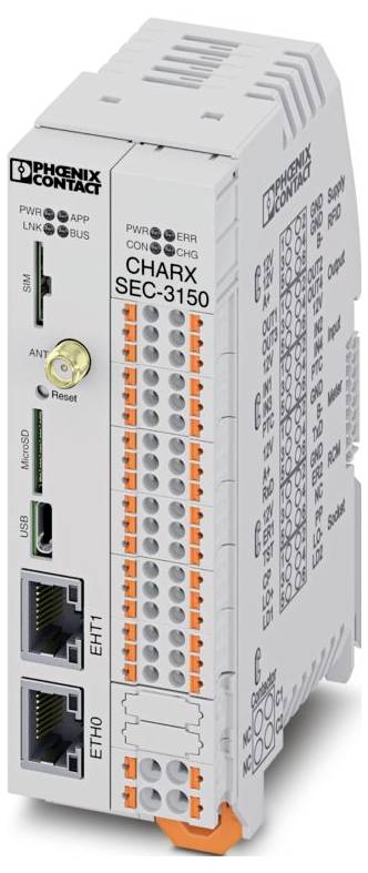 'Phoenix Contact CHARX SEC-3150' device shown with connectivity ports, indicator lights, and reset button on the front panel.
