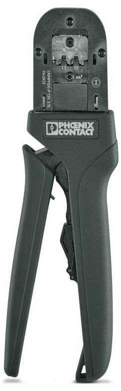 'Phoenix Contact' labeled crimping tool, black, with handles and wire notches for electrical work.