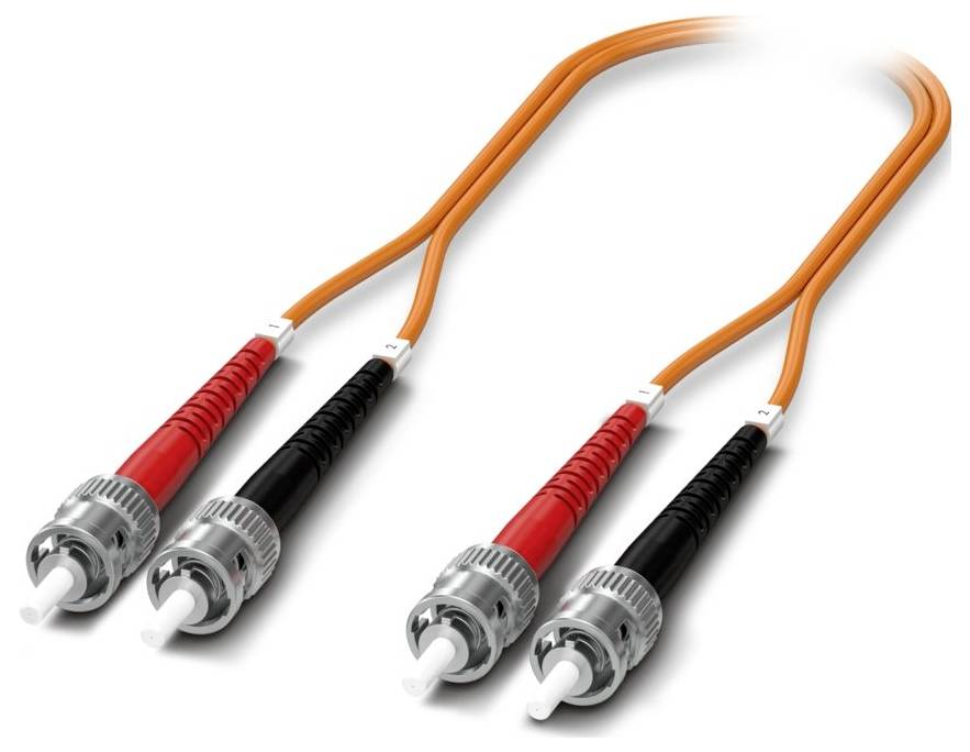 Two orange fiber optic cables with red and black connectors on each end, used for data transmission.