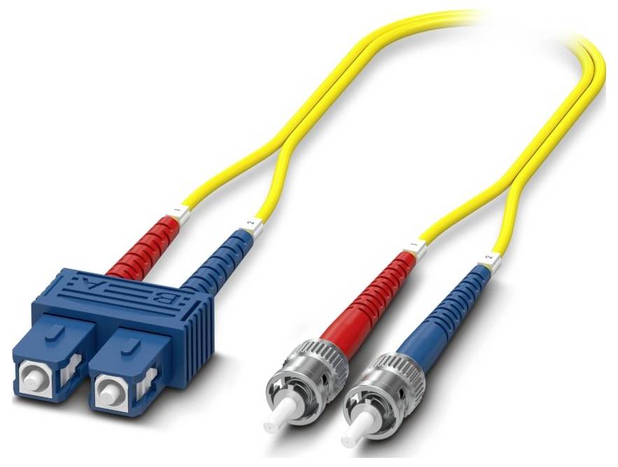 Duplex fiber optic cable with blue LC connector and red and blue ST connectors, used for high-speed data transmission.