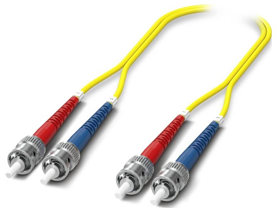 Two sets of fiber optic cables with yellow insulation, each set having connectors with red and blue parts, side by side.