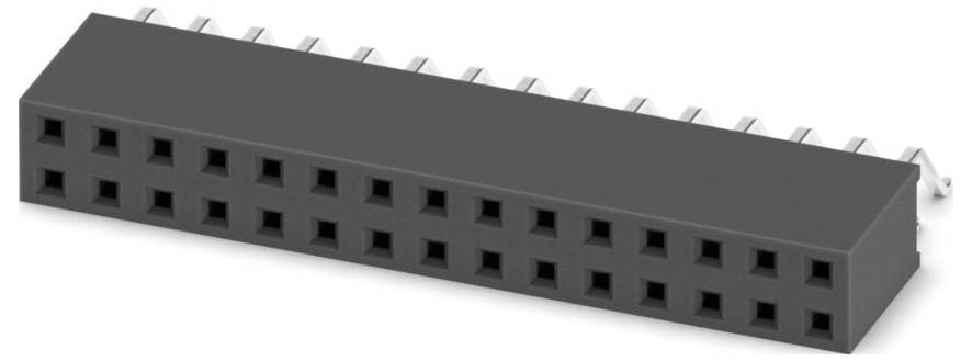A black 24-pin female header connector with angled pins extending from one side.