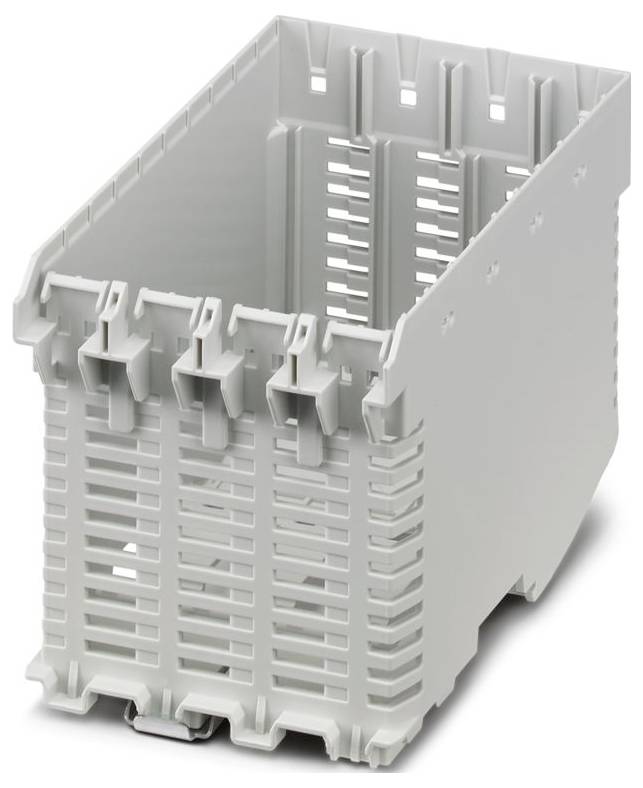 A tall, gray, open-front storage bin with vertical slots and secure locking mechanisms on its sides, used for organizing parts or tools.