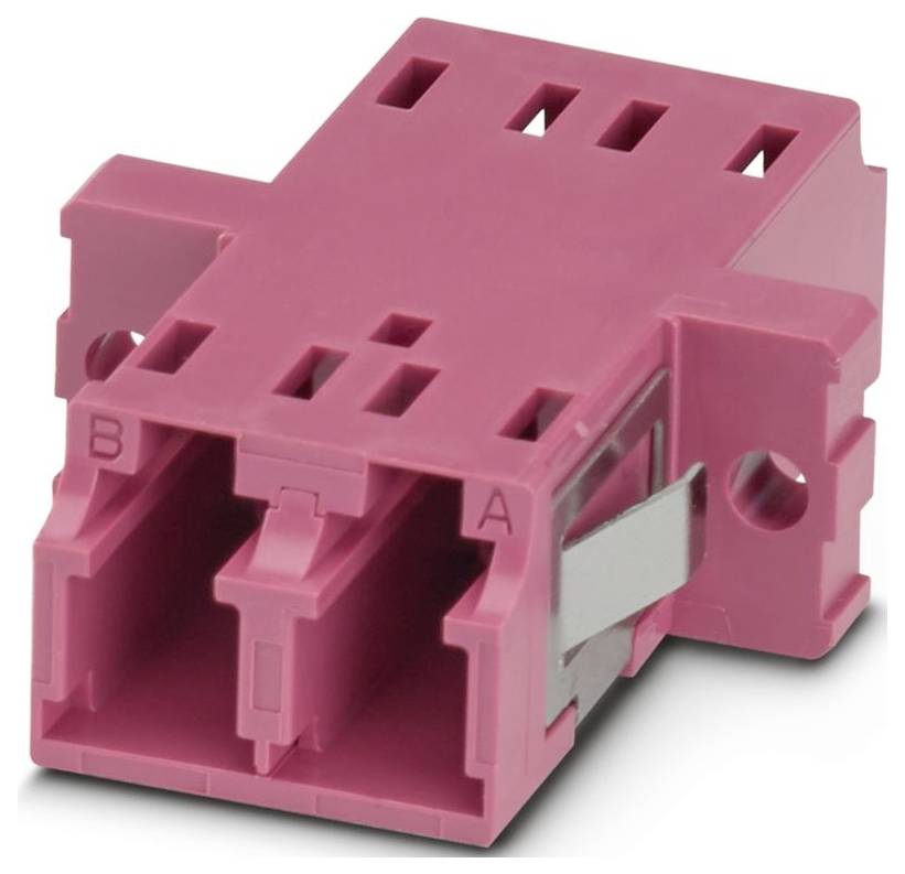 Pink plastic electrical connector with multiple slots and tabs labeled 'A' and 'B'; used for securing electrical wires or components.
