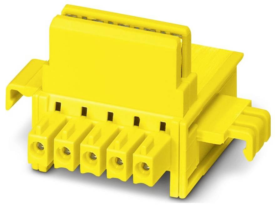 A yellow multi-pole connector with five slots, designed for electrical wiring, featuring hooks on the side for secure attachment.