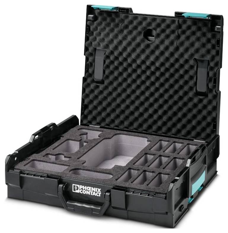 'PHOENIX CONTACT' branded black carrying case with foam interior, open to show multiple compartments for organizing tools or equipment.