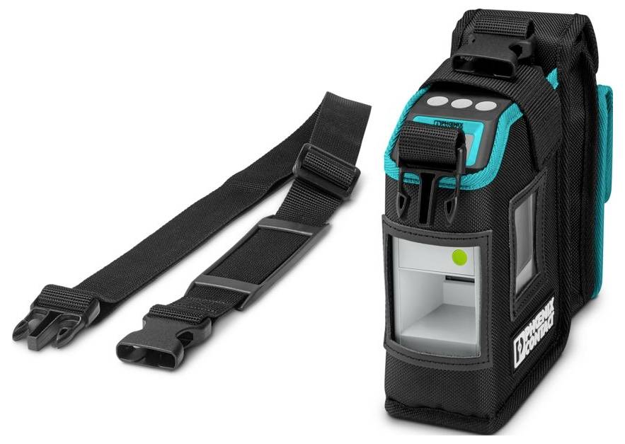 Portable label printer in a protective case with adjustable shoulder strap, showing top control buttons and paper slot.