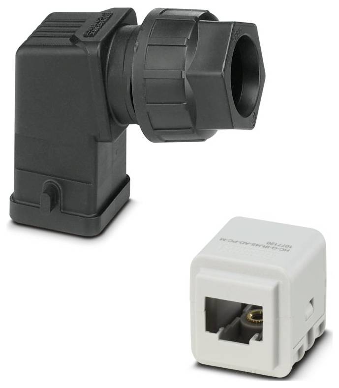 'Angular plug connector' and 'plug insert'. Black angular connector with threaded cap and a white plug insert with visible metal contact.
