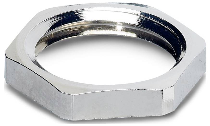 A silver hexagonal metal ring nut with reflective surface, used for securing threaded bolts in mechanical assemblies.