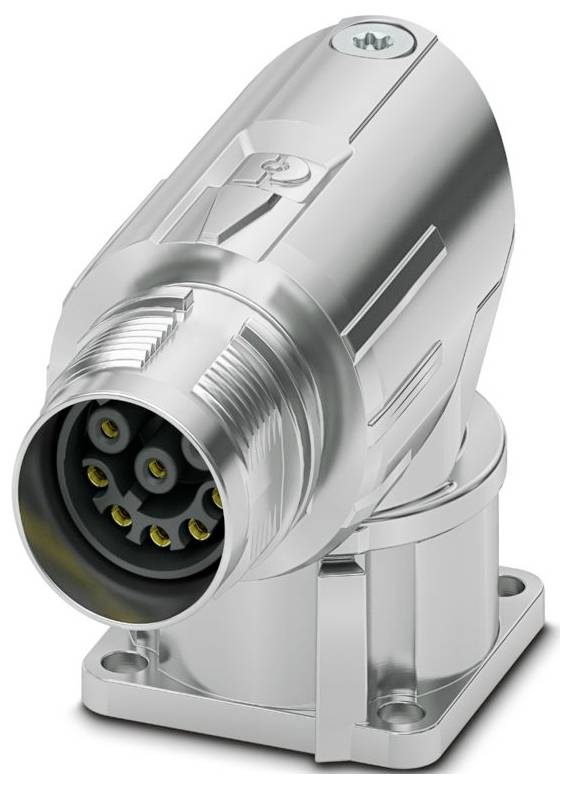 A metallic, angled industrial electrical connector with multiple pins, mounted on a base, designed for secure wiring connections.