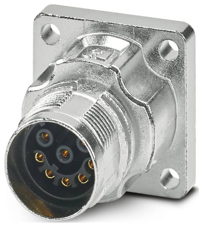 A metallic circular connector with multiple pins, mounted on a square base, likely used for electrical or data connections.