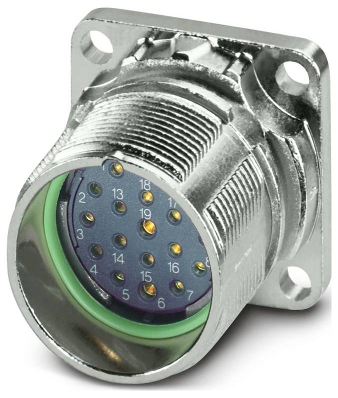 A metallic circular connector with 19 pin sockets, labeled 1 to 19, used for electrical connections, featuring a green rubber ring.