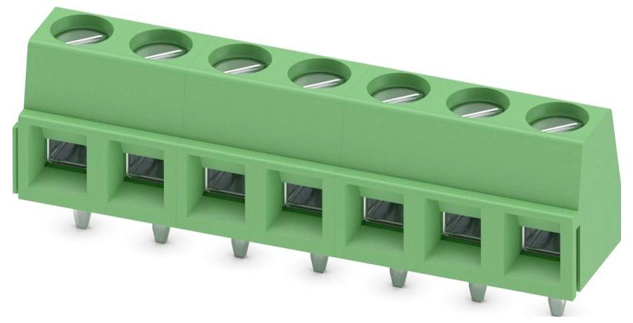 A green 8-pin terminal block with screw connectors arranged in a row, designed for securing electrical wires in circuitry applications.