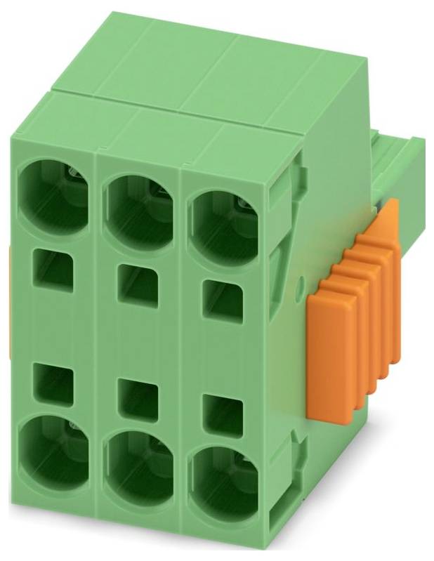 A green electronic connector with multiple slots and orange latches, used for securing electrical wires.