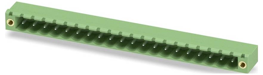 A green edge connector with multiple slots, used for connecting circuit boards in electronic devices, shown at an angle.