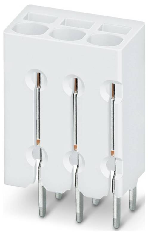 A three-pole, white electrical terminal block with vertical slots and metal connectors for circuit board attachment.