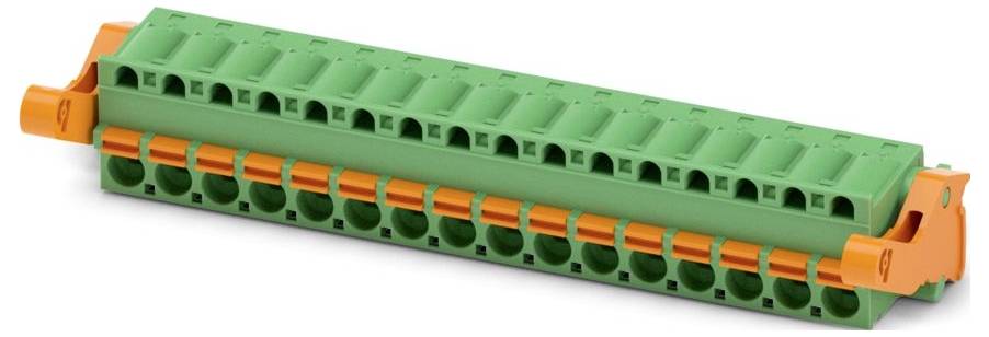 'A green and orange electrical terminal block' suitable for connecting multiple wires in an electrical circuit.