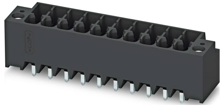A black electronic terminal block with multiple metal connectors, used for wiring connections in electrical panels or devices.