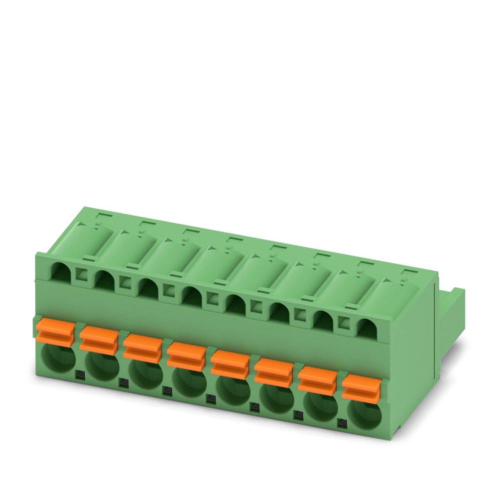 A green and orange terminal block connector with multiple slots, used for electrical wiring and connections.