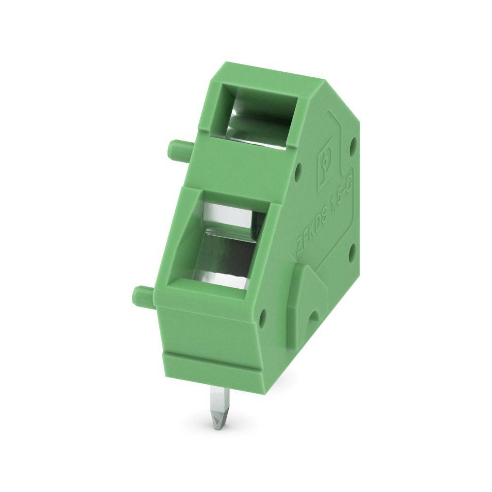 A green, angled electronic component connector with dual locking tabs and a slot for insertion, designed for circuit-board mounting.