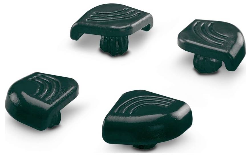 Four black knobs with embossed wave patterns, spaced apart, shown against a white background.