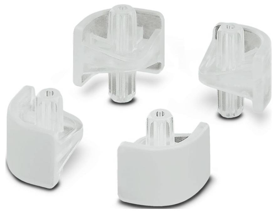 Four clear and white plastic chair leg caps designed to protect floors from scratches and damage, shown from different angles.