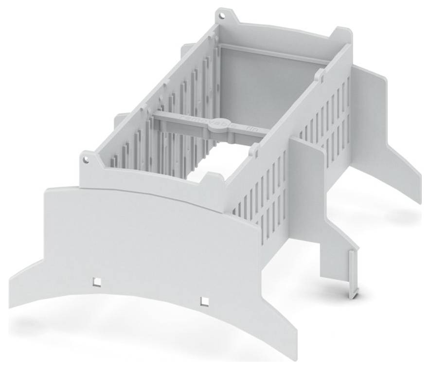 A gray plastic cable organizer designed to hold and manage wires, featuring a rectangular shape with vertical slats and supportive legs.