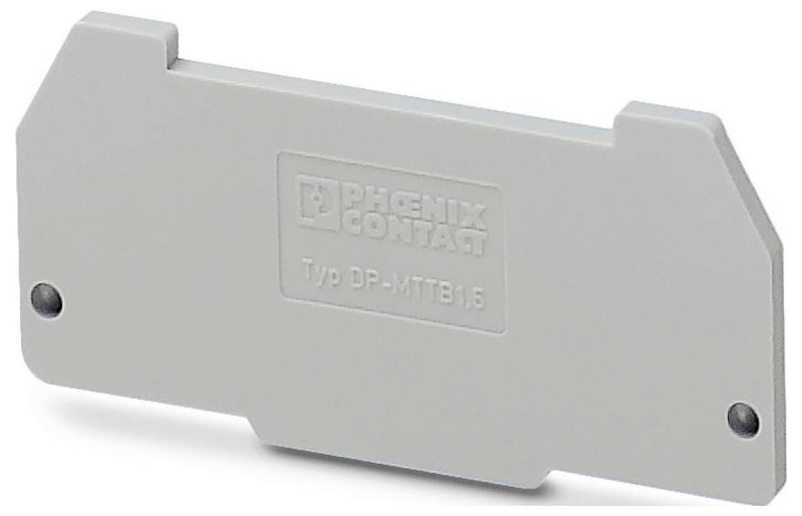 A gray terminal block end cover with the embossed text 'PHOENIX CONTACT Typ DP-MTB 16'.