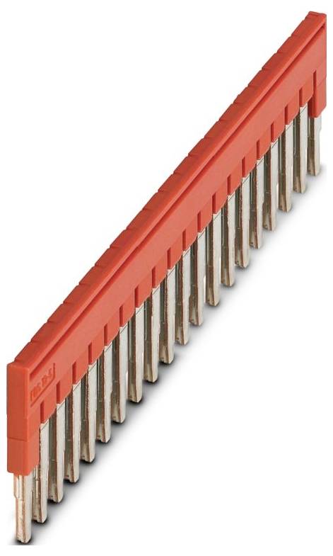Red electrical connector with multiple metal pins aligned vertically, used for circuit board connections.
