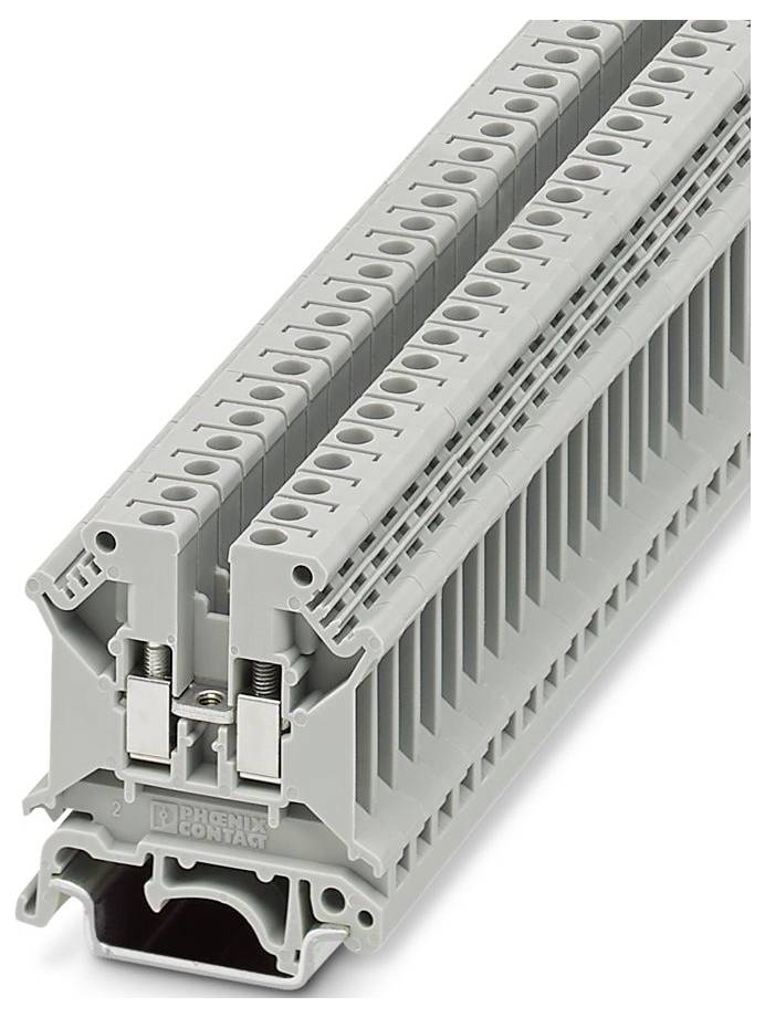 Grey electrical terminal block with multiple connection points, used for securing and organizing wiring in electrical panels.